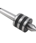 Side view of MT3 lathe center with knurled collar and conical tip in silver metal