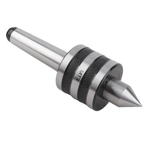 Side view of MT3 lathe center with knurled collar and conical tip in silver metal