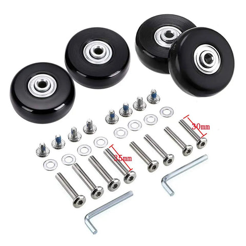 Luggage Suitcase Replacement Wheels Set With ABEC 608zz Bearings 45mm Inline Wheels For Travel Quiet And Durable Includes 30mm And 35mm Axles And Washers Four Pack Black, showing wheels, axles, screws, and wrenches.