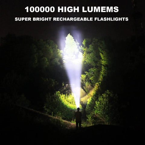 Person using Beast 900,000 Lumen Rechargeable Flashlight Two Pack With 12 Hour Run Time, XHP70 LED, illuminating forest path.