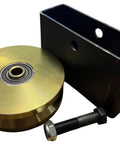 6 Inch V Groove Power Wheel With Zinc Plated Finish And Box Mount, 5 8 Inch Axle Compatible, 3000 Lb Capacity close-up showing wheel, box mount, and bolt.
