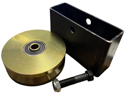 6 Inch V Groove Power Wheel With Zinc Plated Finish And Box Mount, 5 8 Inch Axle Compatible, 3000 Lb Capacity close-up showing wheel, box mount, and bolt.