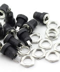12 Pack 3.5Mm X 1.3Mm Two Pin Female DC Power Jack With Panel Mount Screw Nut Kit with black connectors and metal nuts.