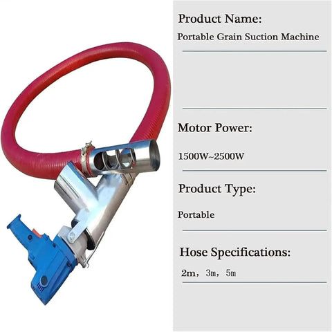 High Suction Grain Sucker Pump For Home Use With Flexible Adjustable Hose And Quick Disassembly Conveyor Auger shown with red hose.