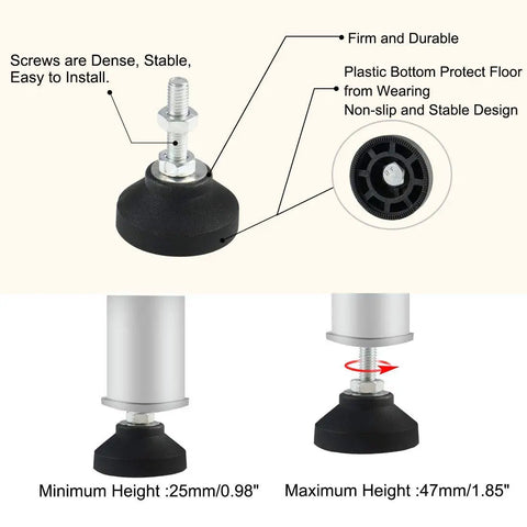 Four Pack Heavy Duty Furniture Leveling Feet With Round Base Screw On Glides For Tables And Chairs Lock Tight Stability And Smooth Glide Action Solid Build That Goes Hard In Black And Silver, showing adjustable height feature.