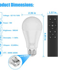 Remote Controlled A19 LED Bulb With Dimmable 3000K To 6000K Color Temperature, 800 Lumens, 9W, E26 Base, and remote dimensions.