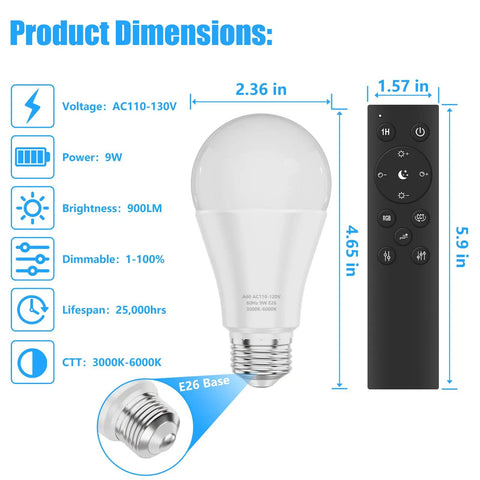 Remote Controlled A19 LED Bulb With Dimmable 3000K To 6000K Color Temperature, 800 Lumens, 9W, E26 Base, and remote dimensions.