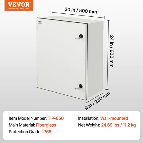 Rugged Fiberglass Electrical Enclosure Box For Outdoors With Mounting Plate IP66 Weatherproof Dustproof Junction Box Outdoor Electrical Cabinet 23.6x19.7x9.1 Inches Waterproof Utility Housing in white, showing dimensions.