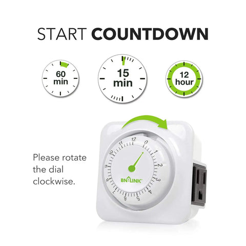 No Fuss Turn Dial Countdown Timer With 3-Prong Grounded Outlet Up To 12 Hour Countdown In 15 Minute Increments Energy Saving display