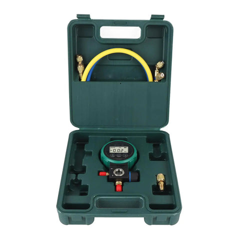 Professional HVAC Pressure Gauge Set With Digital Meter For Car AC Cooling System Charging And Quick Leak Detection in case.