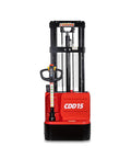 Heavy Duty Electric Pallet Stacker Delivers Rock Solid Performance With A 3300 Pound Capacity And 118 Inch Lift Height showing front view.