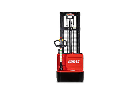Heavy Duty Electric Pallet Stacker Delivers Rock Solid Performance With A 3300 Pound Capacity And 118 Inch Lift Height showing front view.