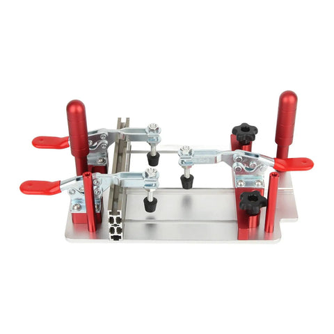 Coping Sled For Router Table With Adjustable Clamp Pro Grade Safety Push Sled Rail Coping Jig featuring red levers and dust shield.