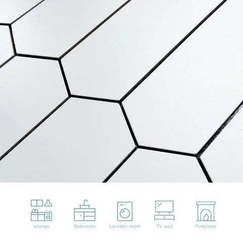 Peel And Stick Picket Tile Backsplash White Matte Ceramic Look Long Hexagon Self Adhesive Wall Tiles close-up view.