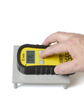 Pinless Concrete Moisture Meter For Quick Non Destructive Readings On Smooth Concrete No Surface Damage Detect Hotspots And Plan Sensor Placement With Included Standard Calibrator held on concrete block
