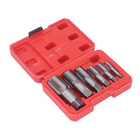 Rock Solid Six Piece NPT Pipe Tap Set Made From Super Strong Carbon Steel For Easy Plumbing Repairs, PVC Fitting Fixes And Auto Work Including Rethreaded Jobs On 18 To One Inch Pipes, six taps in red case