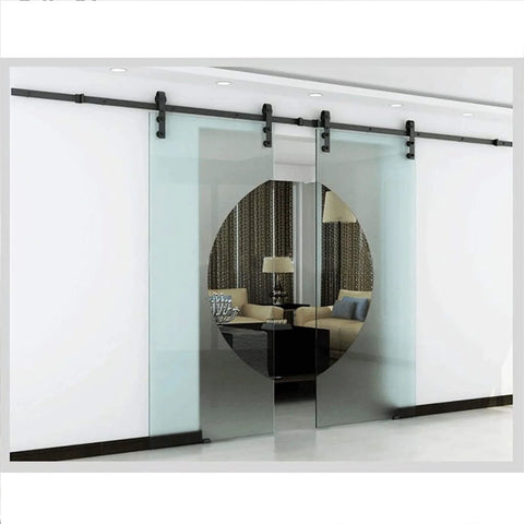 Bypass Sliding Barn Door Rail Hardware Kit for Double Doors Monorail System installed on glass doors in modern room