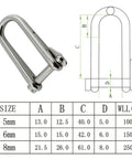 Premium Tough As Nails 316 Stainless Steel Key Pin Shackles Two Pack with size specifications for 5mm, 6mm, and 8mm.