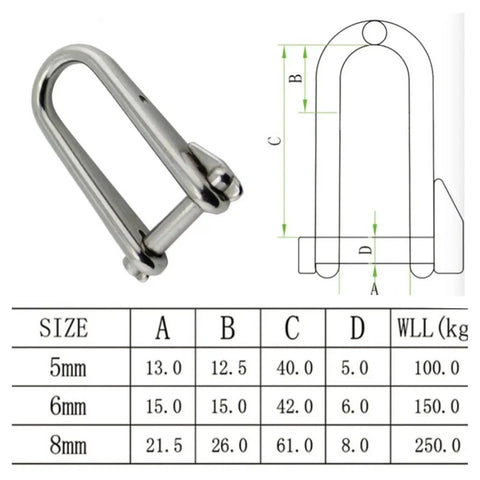 Premium Tough As Nails 316 Stainless Steel Key Pin Shackles Two Pack with size specifications for 5mm, 6mm, and 8mm.