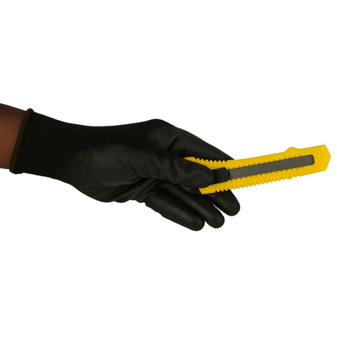Gloved hand holding Basic Snap Off Blade Knife, 18 Millimeter Utility Cutter For Light Duty Cutting with visible yellow handle.