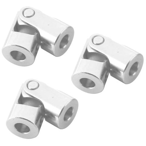 Three silver aluminum universal joint couplers for RC cars/robots, 3.17–4 mm bore.
