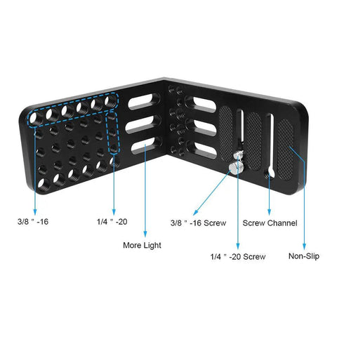 Built Tight Double Cheese Plates For Dslr Cameras With Straight Up Secure 1/4 And 3/8 Inch Screws Rock Solid L Bracket Mount showing mounting holes and features.