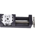 Heavy Duty Mini Vise Clamp For Drill Press Bench Made From Solid Aluminum Alloy With Self Adjusting Smart Grip top view with sturdy grip.