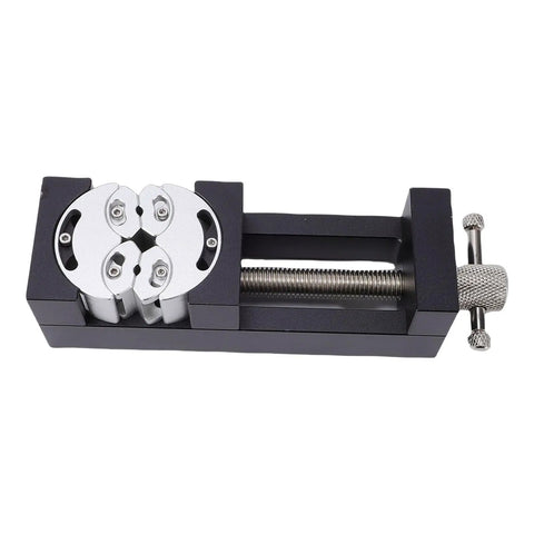 Heavy Duty Mini Vise Clamp For Drill Press Bench Made From Solid Aluminum Alloy With Self Adjusting Smart Grip top view with sturdy grip.