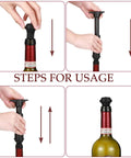 Steps showing how to use 24 Piece Wine Stopper Set With Vacuum Pump And Silicone Saver Keeps Wine Fresh Sealed And Flavorful In Kitchen