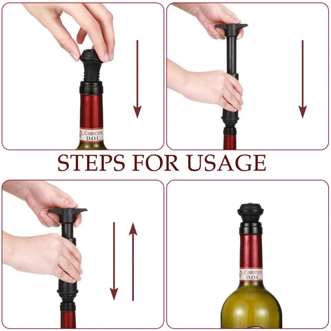 Steps showing how to use 24 Piece Wine Stopper Set With Vacuum Pump And Silicone Saver Keeps Wine Fresh Sealed And Flavorful In Kitchen