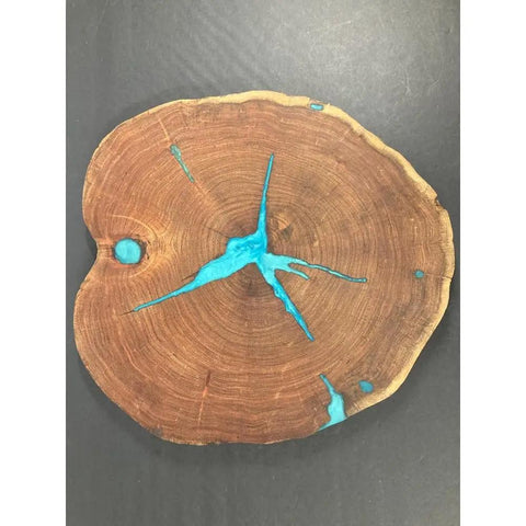 16 Inch Handcrafted Lazy Susan Charcuterie Board With Turquoise Painted Wood Rotating Serving Tray For Cheese And Snacks