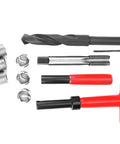 Stainless Steel M16x1.5 Thread Repair Kit 11 Piece Set With Twisted Drill Tap Installation Wrench Breaker Hex Wrench And Six Threaded Inserts For Automotive And Industrial Use Heavy Duty, parts laid out
