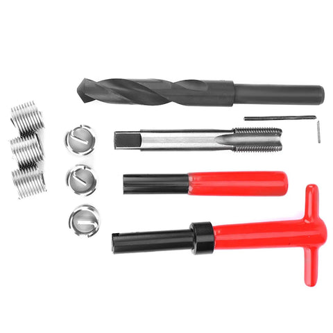 Stainless Steel M16x1.5 Thread Repair Kit 11 Piece Set With Twisted Drill Tap Installation Wrench Breaker Hex Wrench And Six Threaded Inserts For Automotive And Industrial Use Heavy Duty, parts laid out