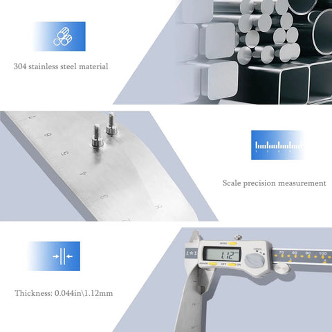 Close-up of 304 stainless steel material and precision scale from Pro Grade Stair Tread Template Tool Gauge With Adjustable Range 11.4 In To 60.7 In, Stainless Steel Scale Plate And Aluminum Alloy Body, Reusable Measuring Jig For Steps And Risers, Easy To Store, Super Accurate.