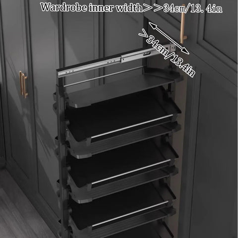 Slick Pull Out Shoe Rack For Mounted Closet With 17 Tier Adjustable Metal Shelves That Expand 33.5 Inches Deep shown in pull-out position.
