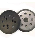 Rock Solid 5 Inch Hook And Loop Sanding Pads With Heavy Duty Dust Collection And No Sweat Installation For Random Orbit Sanders Compatible With Dewalt And Porter Cable 2 Pack, showing two sanders with dust extraction holes.