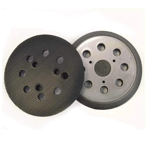 Rock Solid 5 Inch Hook And Loop Sanding Pads With Heavy Duty Dust Collection And No Sweat Installation For Random Orbit Sanders Compatible With Dewalt And Porter Cable 2 Pack, showing two sanders with dust extraction holes.