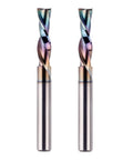 Front view: SpeTool 2-piece rainbow-coated downcut spiral router bits, 1/4" shank, 1/4" diameter, 1" cutting length