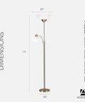 Piedmont 71 Inch Floor Lamp With Dual 150W Torchiere Up Light And 60W Reading Lamp in Brushed Steel, dimensions marked