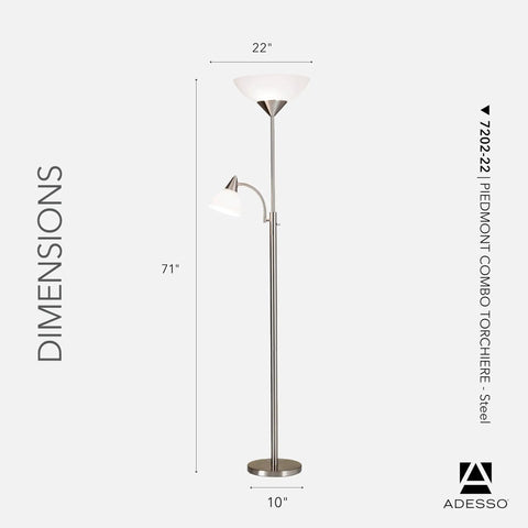 Piedmont 71 Inch Floor Lamp With Dual 150W Torchiere Up Light And 60W Reading Lamp in Brushed Steel, dimensions marked