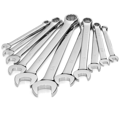 11-Piece SAE Combination Wrench Set in roll up pouch non-skip inch sizes 1/4 to 3/4 inch chrome vanadium steel with mirror finish