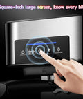 Close-up of touch panel on Professional Espresso Machine With Fully Automatic Brew System And Milk Frother, Stainless Steel Commercial Coffee Maker For Office, Hotel, Dorm Hospitality, Barista-Grade Brew.