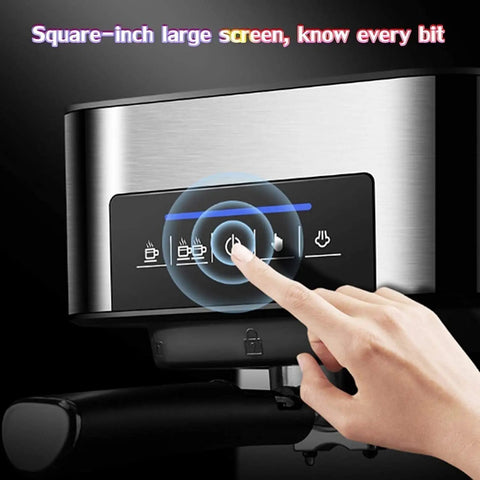 Close-up of touch panel on Professional Espresso Machine With Fully Automatic Brew System And Milk Frother, Stainless Steel Commercial Coffee Maker For Office, Hotel, Dorm Hospitality, Barista-Grade Brew.
