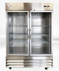 Top Shelf Commercial Double Door Glass Freezer Stainless Steel Upright Reach In Merchandiser 54 Inch Wide with open shelves.