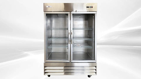 Top Shelf Commercial Double Door Glass Freezer Stainless Steel Upright Reach In Merchandiser 54 Inch Wide with open shelves.