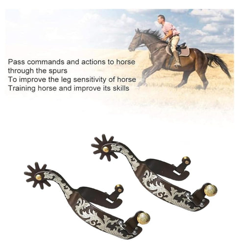 Western Cowboy Spurs With Cowhide Strap Belt Set For Riding And Competition, Vintage Carved Bronze Low Carbon Steel Spurs