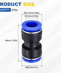 Five Pack Pneumatic Straight Fittings 0.55 Inch Tube OD Plastic Union Push To Connect with blue accents and dimensions