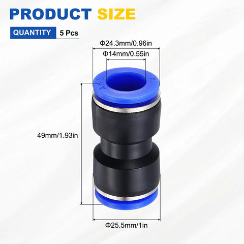 Five Pack Pneumatic Straight Fittings 0.55 Inch Tube OD Plastic Union Push To Connect with blue accents and dimensions