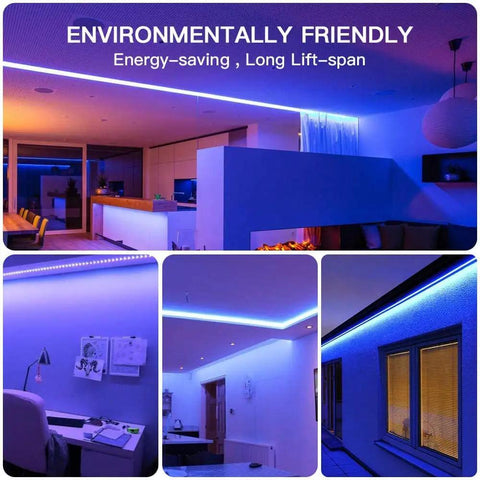 66Ft RGB LED Strip Lights With 600 High-Density LEDs, Music Sync, Remote And Bluetooth App Control, in various room setups
