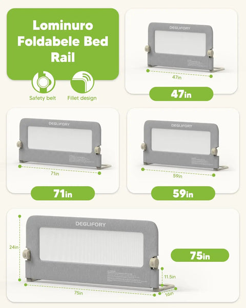 59 Inch Baby Bed Rail Guard For Toddlers Folding Up Side Rail with breathable cationic Oxford mesh displayed in multiple sizes